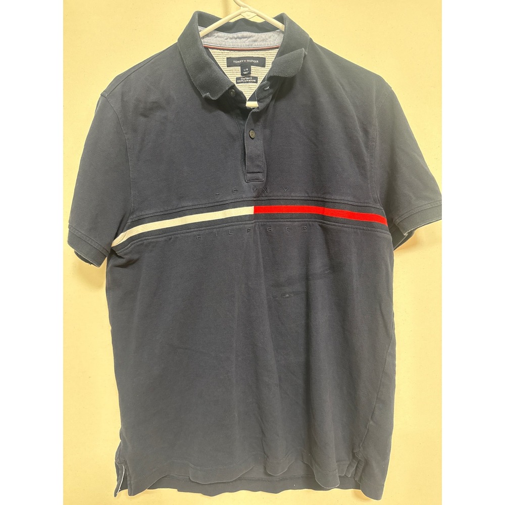 Tommy Hilfiger Mens Navy Blue Custom Fit Chest Stripe Pique Polo Shirt L